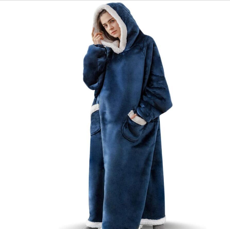 Super Long Flannel Blanket With Sleeves Winter Hoodies Sweatshirt Women dealsniper-net Navy Extra length 150cm