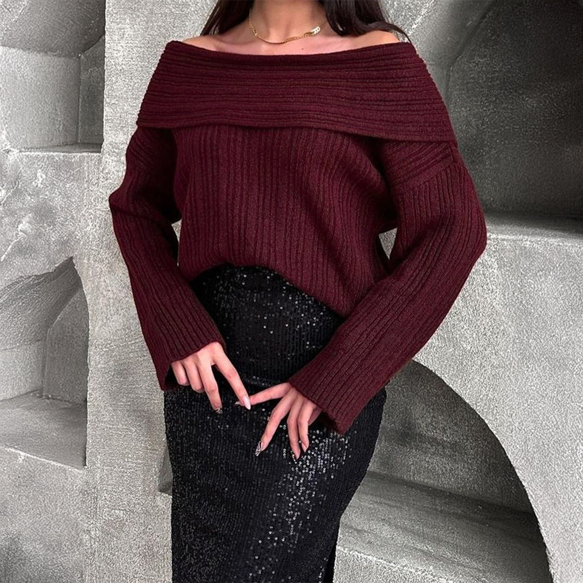 Loose Pullover Trumpet Sleeve Sweater One-shoulder Knitted Tops Women DealSniper.net Wine Red L