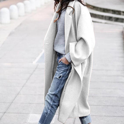 Casual Long Jacket With Pockets Solid Color Single Breasted Lapel Women dealsniper-net White L