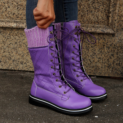 Mid Calf Lace-up Long Boots Women Flat Heels Round Toe Women dealsniper-net Purple Size36