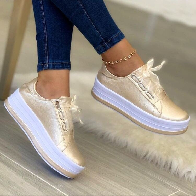 Fashion Flats Sneakers Women Ribbon Lace-up Platform Shoes Women dealsniper-net Gold Size35