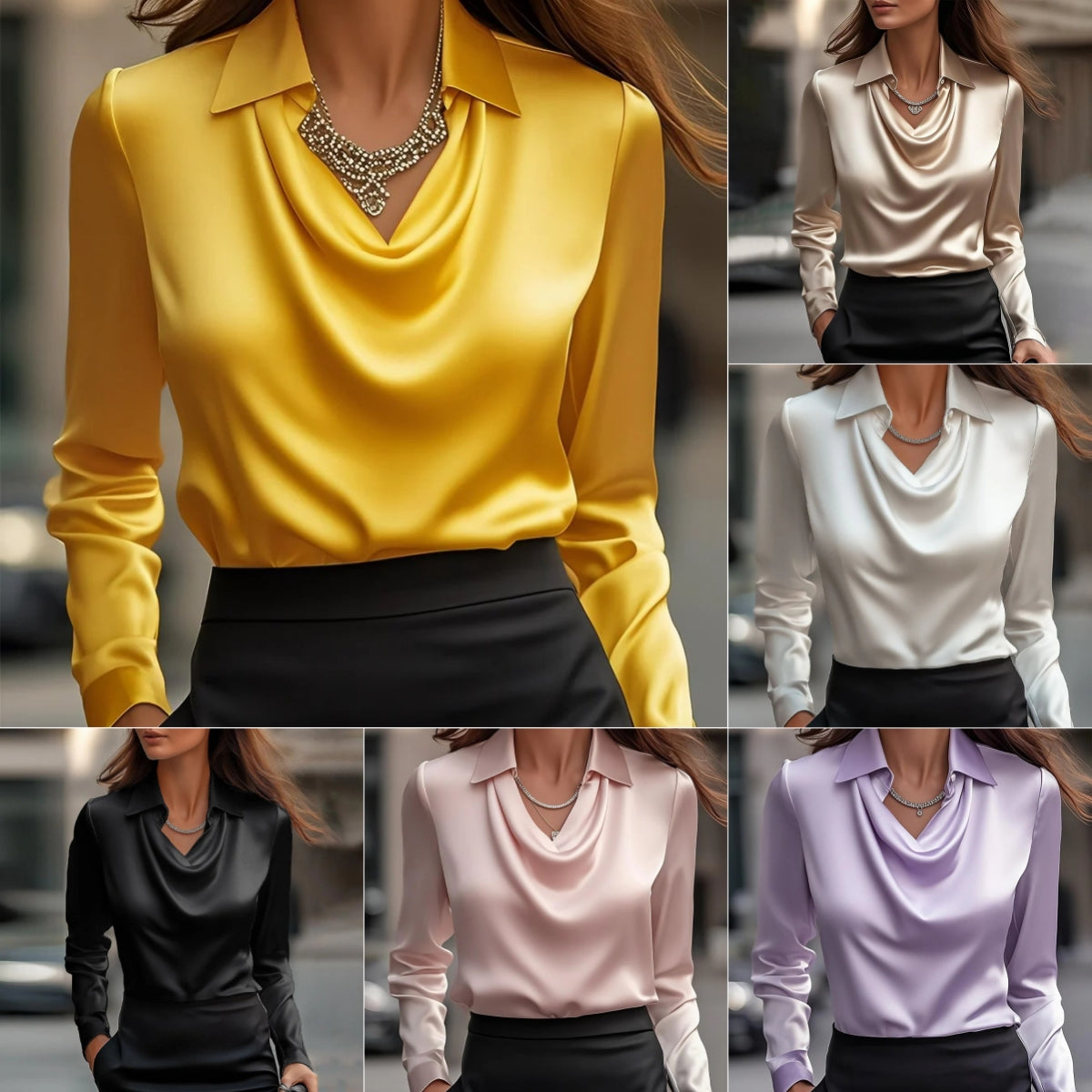 Women's Swing Collar Draped Shirts & Blouses Elegant Solid Satin Women Gym From House