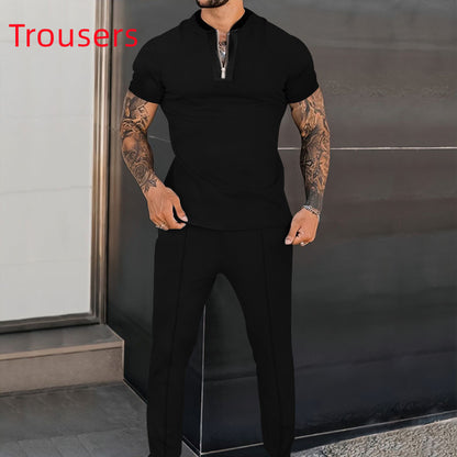 Men's Fashion Waffle Short Sleeve Stitching Stand Collar Suit