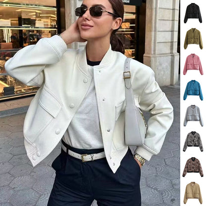 Casual Single-breasted Stand Collar Short Jacket With Pockets Women dealsniper-net