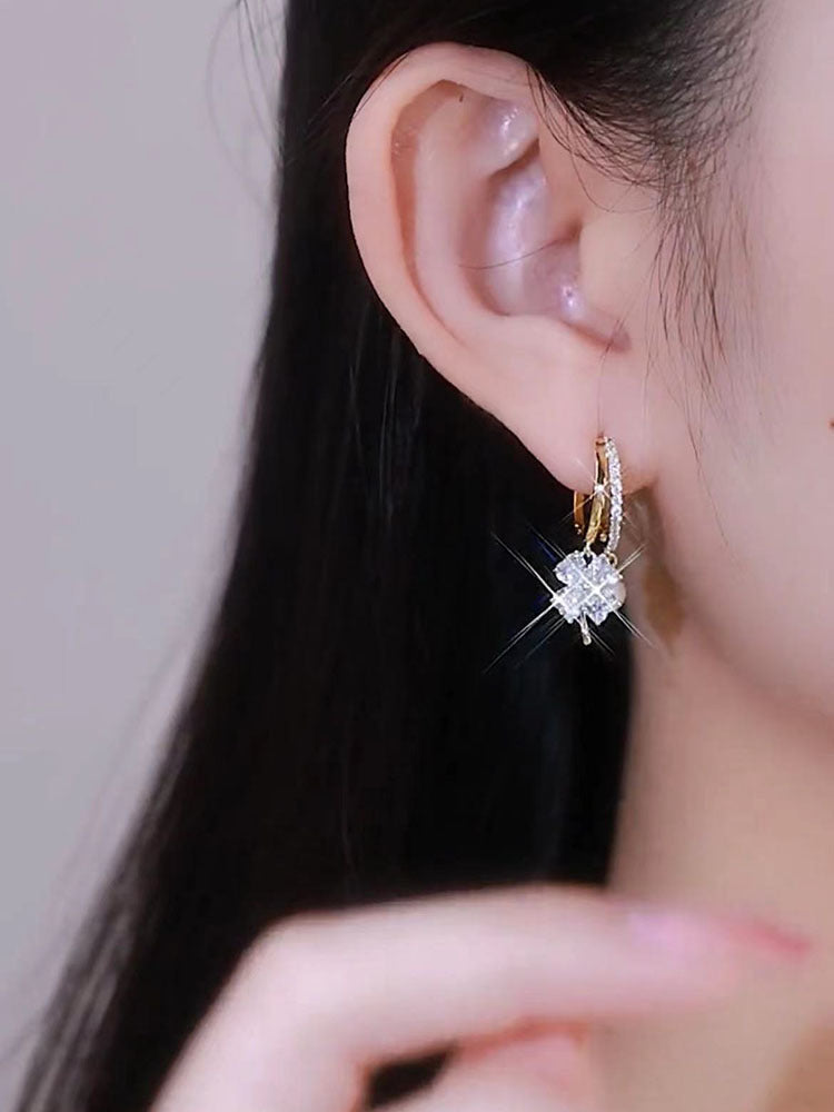 Fashion Jewelry Purple Crystal Four-leaf Flower Pearl Ear Clip Earrings Jewelry dealsniper-net White Ear Clip