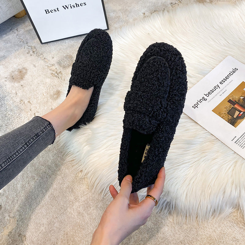 Winter Plush Flats Shoes Ins Fashion Slip On Loafers Women null Black 33