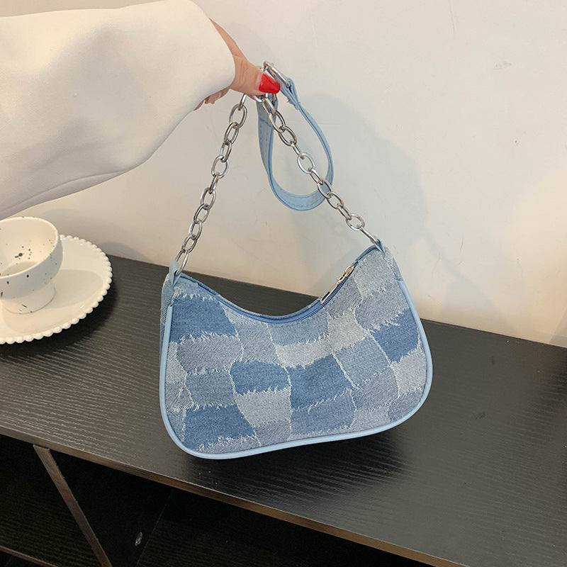 Denim Shoulder Bag Simple Plaid Patchwork Bag Women DealSniper.net