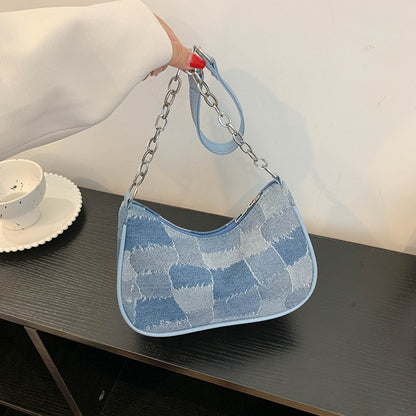 Denim Shoulder Bag Simple Plaid Patchwork Bag Women DealSniper.net