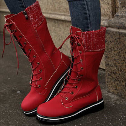 Mid Calf Lace-up Long Boots Women Flat Heels Round Toe Women dealsniper-net Red Size36