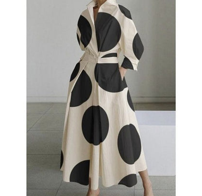Long-sleeve Blouse Elastic Waist Swing Dress Women DealSniper.net Apricot black dots 4XL