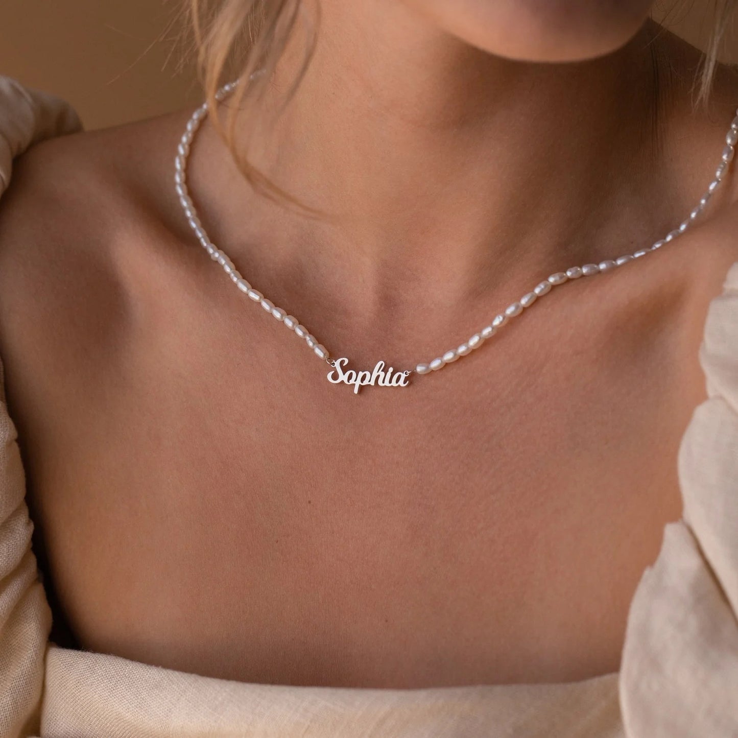 Personalized Custom Name Pendant Fashion Pearl Beaded Necklace Jewelry DealSniper.net Silver 30cm plus 5cm extension chain