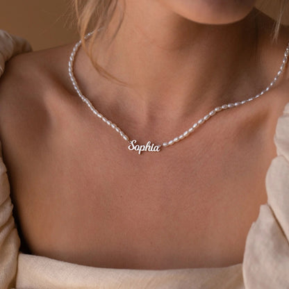 Personalized Custom Name Pendant Fashion Pearl Beaded Necklace Jewelry DealSniper.net Silver 30cm plus 5cm extension chain