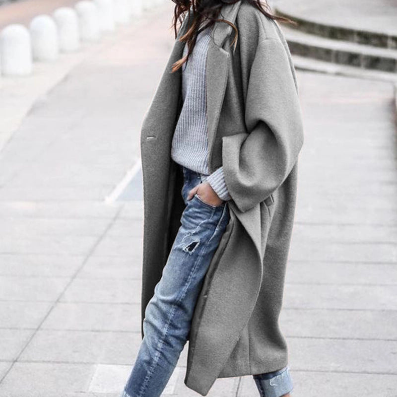 Casual Long Jacket With Pockets Solid Color Single Breasted Lapel Women dealsniper-net Grey L