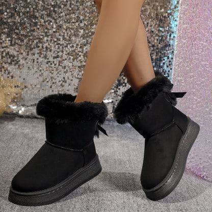 Winter Snow Boots With Bowknot Fashion Round Toe Flat Women dealsniper-net Black Size36