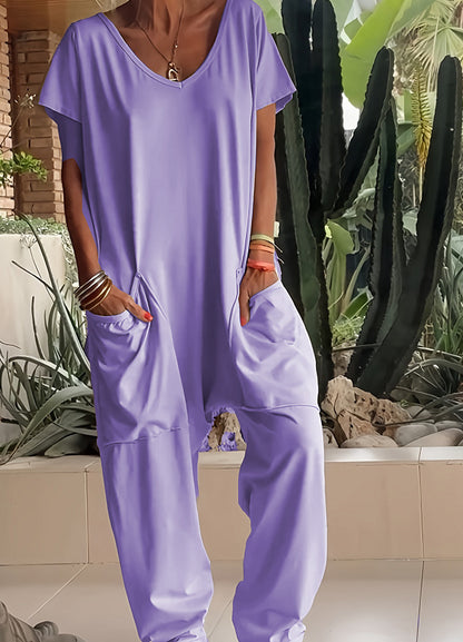V-neck Oversized Pocket Low-grade Jumpsuit Women DealSniper.net 2XL Purple
