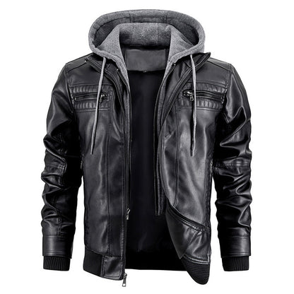 Hooded Jacket With Zipper Pockets Fashion Warm Pu Leather