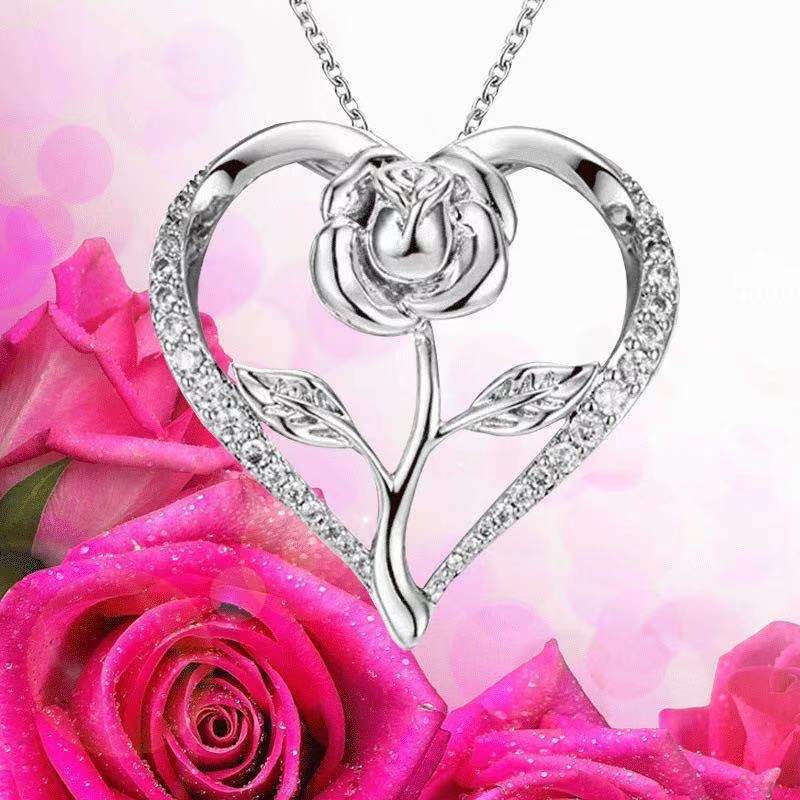 Zircon Heart Rose Silver Necklace For Women Women dealsniper-net Silver Without box