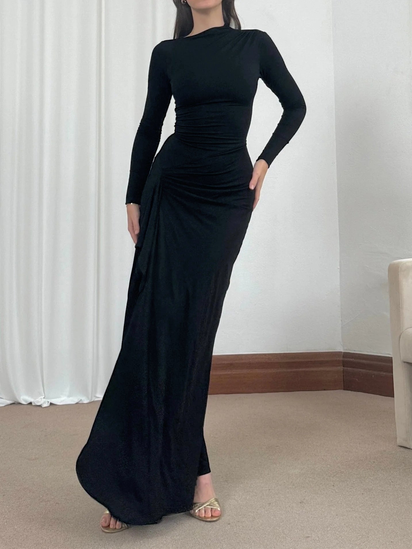 Slim-fitting Long-sleeved Asymmetric Split Dress Ins Fashion