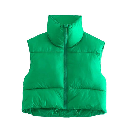 Winter Short Vest For Women Solid Color Zip Sleeveless Lapel Jacket Fashion Bread Coat Women dealsniper-net Green L