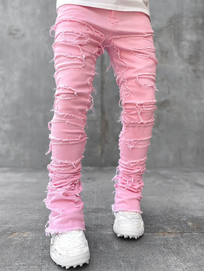 Men Trousers Individual Patched Pants Long Tight Fit Men dealsniper-net Pink L