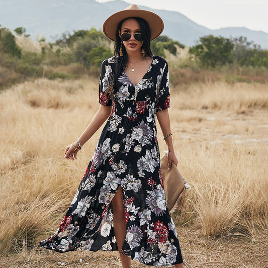 Floral Summer Beach Dress With V Neck Elastic Waist Dresses For Women Women dealsniper-net Black L