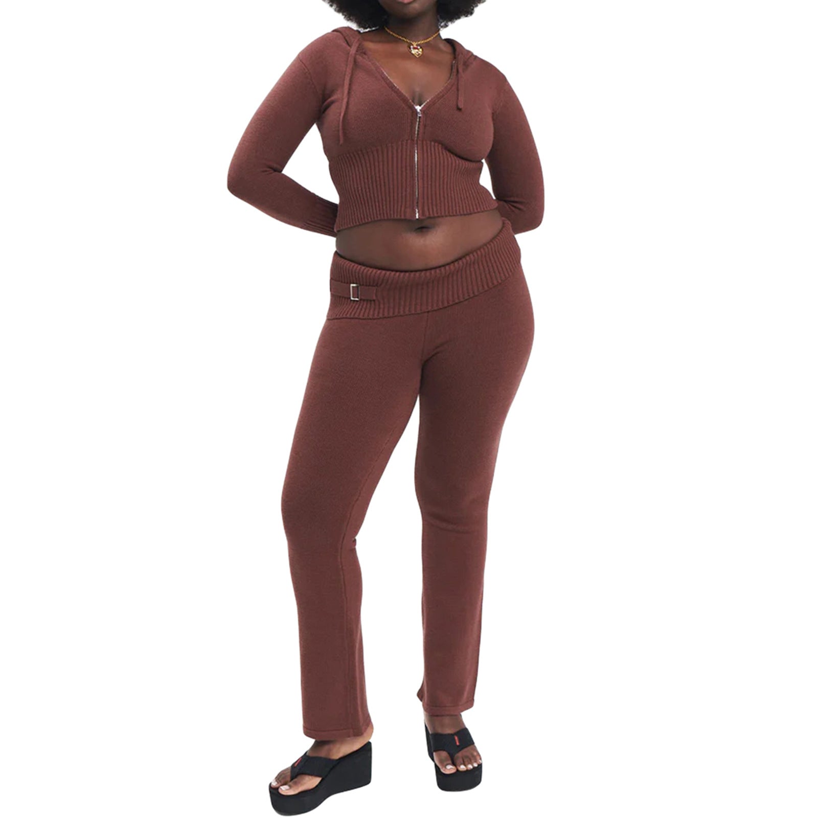 Hoodie Suit Women Leisure Sexy Zip Long Sleeve Sweater And High Waist Long Pants Set Women DealSniper.net Brown suit L