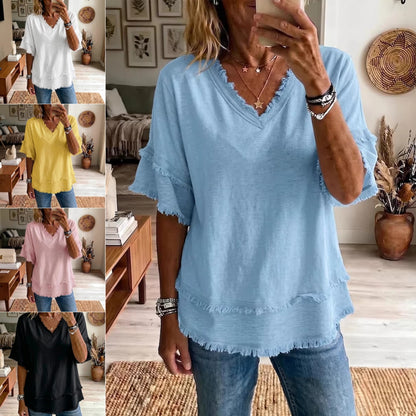 Casual Women's Shirt V-Neck Short Sleeve Loose Fit Women Gym From House