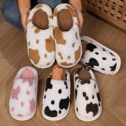 Cute Cow Spotted Plush Slippers Winter Warm Non-slip Women dealsniper-net