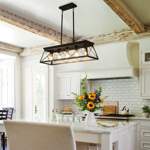 5 Lamps Farmhouse Chandelier For Dining Room, Metal Rustic Chandelier Island Lamp, Modern Rectangular Island Lamp For Kitchen, Living Room Pure Black - No Bulbs Unavailable Platforms- Temu Kitchen DealSniper.net