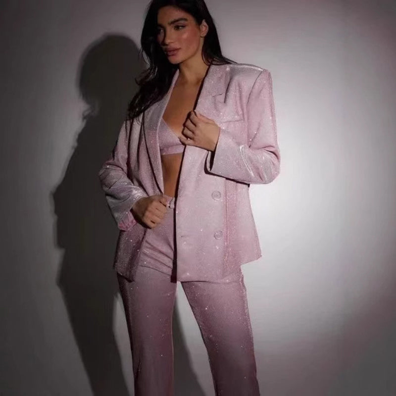 3pcs Shiny Long-sleeved Suit With Bra Lapel Blazer Women DealSniper.net Pink L