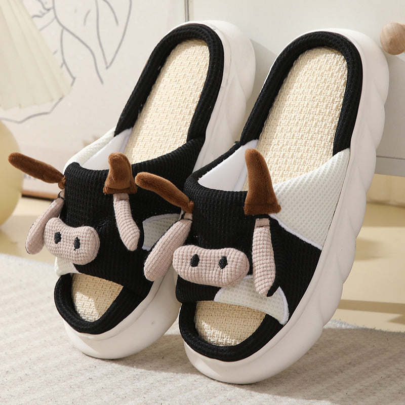 Cute Cartoon Cow Frog Slippers Linen Non-slip Shoes Indoor Women dealsniper-net Black Cow 36or37