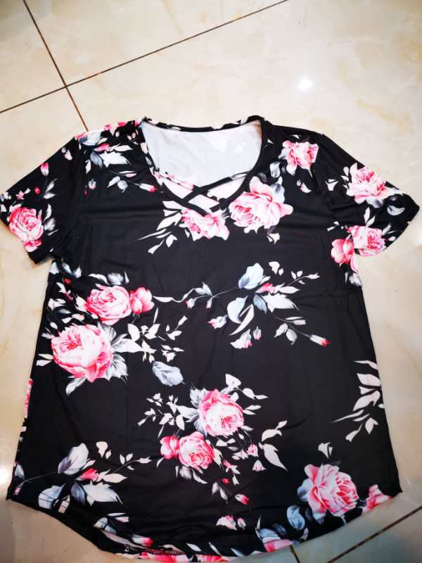 Flower Print Cross Front Short Back Long T-shirt Women dealsniper-net Black 2XL