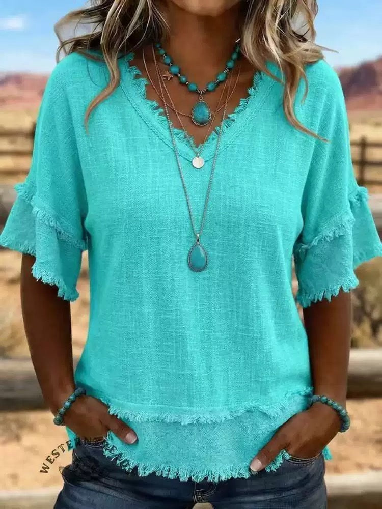 Casual Women's Shirt V-Neck Short Sleeve Loose Fit Women Gym From House
