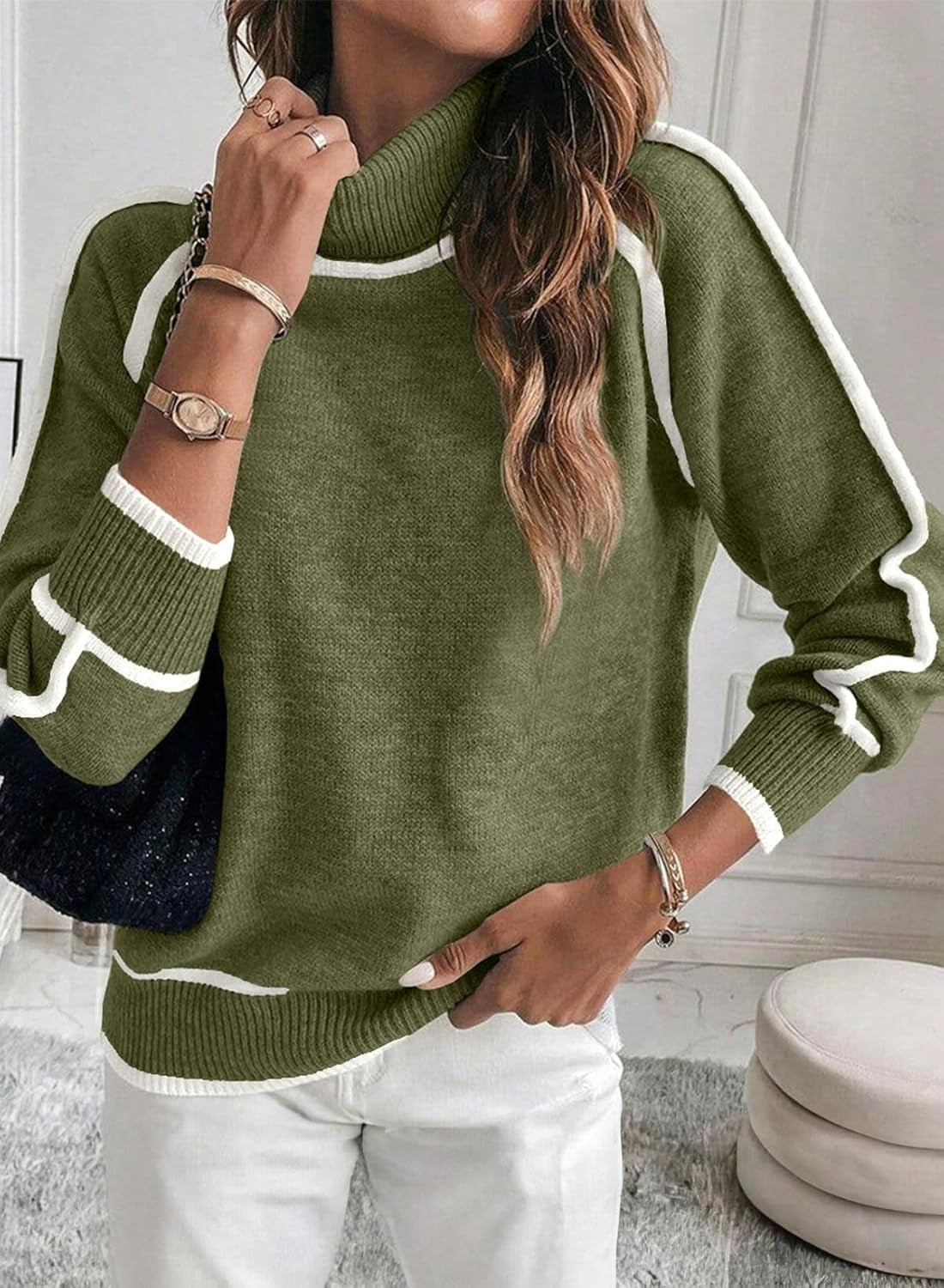 Autumn And Winter Solid Color Color Matching High-necked Women DealSniper.net Green L