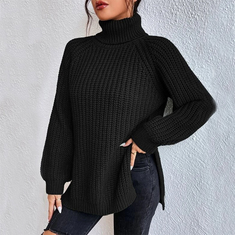 Turtleneck Pullover Sweater With Split Design Fashion Simple