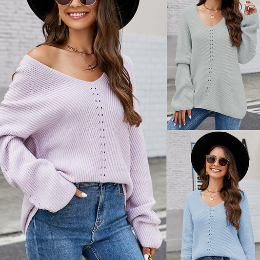 Long Sleeve Sweater With Pocket Solid Color V-neck Pullover Knitwear Women Tops