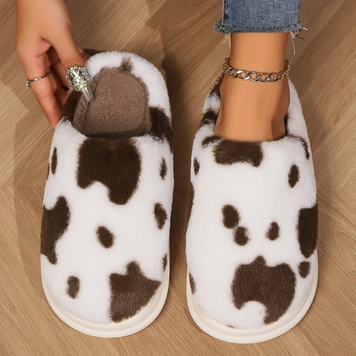 Cute Cow Spotted Plush Slippers Winter Warm Non-slip Women dealsniper-net Coffee 36to37