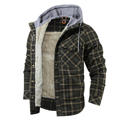 Men Warm Jacket Fleece Lining Lumberjack Plaid Hooded Jackets Snap Button Men dealsniper-net Green USA L