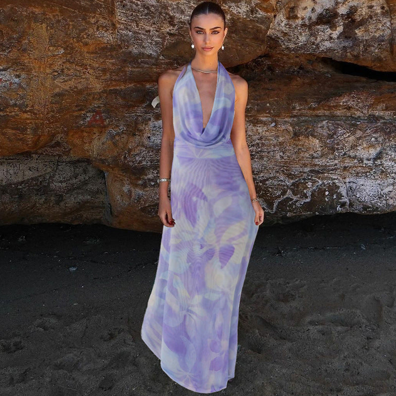 2pcs Tie Dye Printing Deep V-neck Suits Fashion Halter Women dealsniper-net Purple L