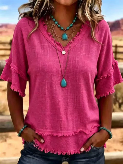 Casual Women's Shirt V-Neck Short Sleeve Loose Fit Women Gym From House