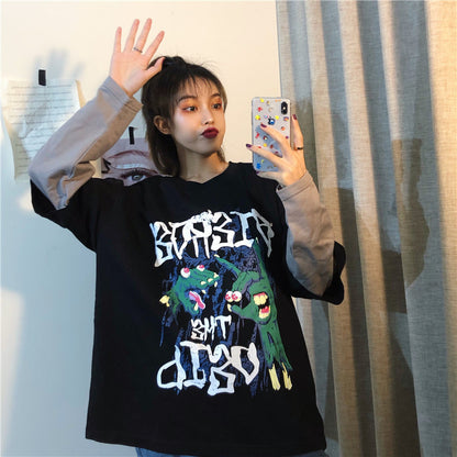 Spring sports fake two-piece hedging cartoon T-shirt women loose Women DealSniper.net