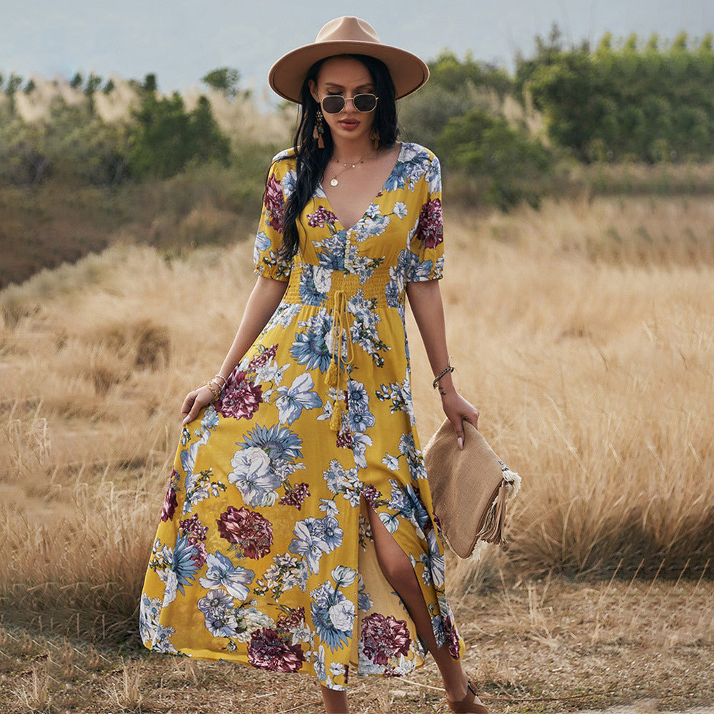 Floral Summer Beach Dress With V Neck Elastic Waist Dresses For Women Women dealsniper-net Yellow L