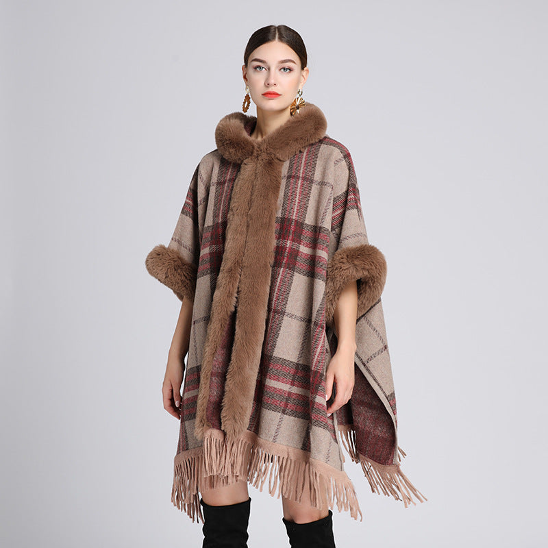 Loose Plaid Plus Cashmere Fur Collar Knitted Inverness Women Gym From House Khaki grid Average Size