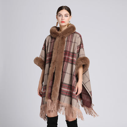 Loose Plaid Plus Cashmere Fur Collar Knitted Inverness Women Gym From House Khaki grid Average Size