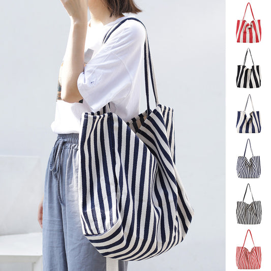 Striped Canvas Bags High Capacity Shoulder Bags For Women Fashion Shopper Handbags Casual Shopping Totes