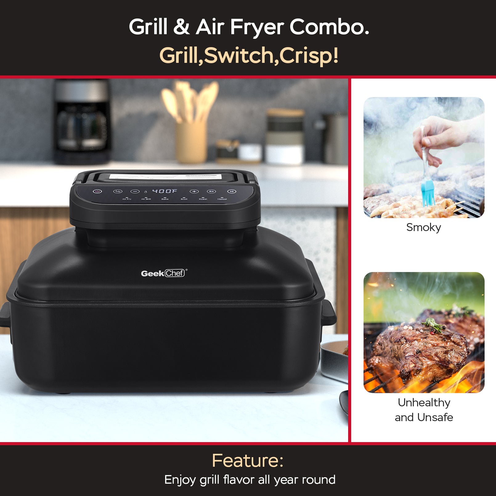 Geek Chef 7 In1 Smokeless Electric Indoor Grill With Air Fry, Home dealsniper-net