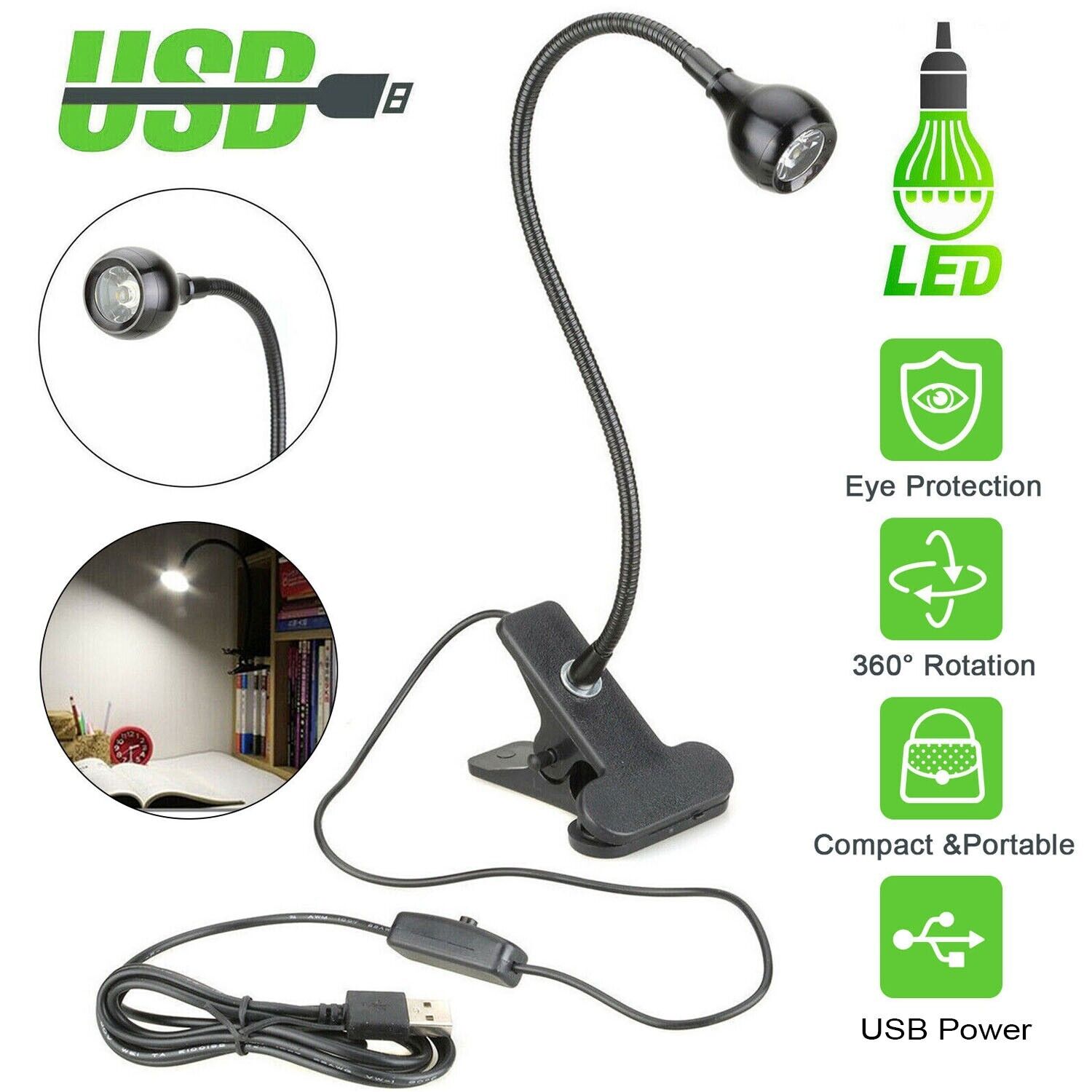 USB Flexible Reading LED Bright Light Book Lamp Clip-on Beside Bed Desk Table Home DealSniper.net
