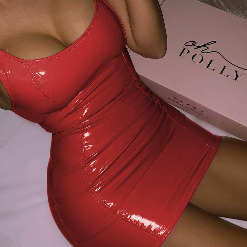 Solid Color Sling Dress Female Sexy Tight Leather Hip Skirt Party Festival Dresses Women dealsniper-net Red L