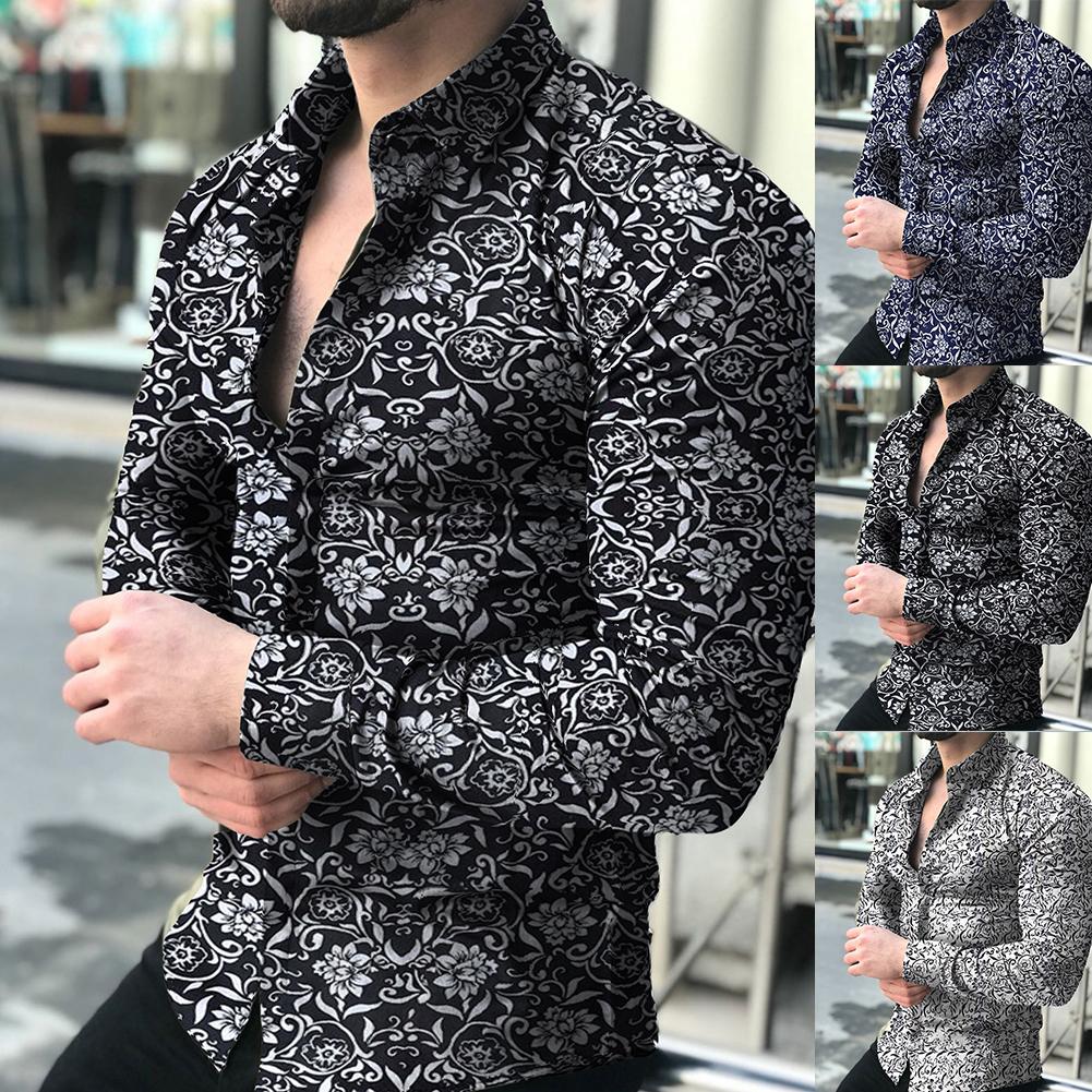 Lapel printed long-sleeved casual floral shirt Men dealsniper-net