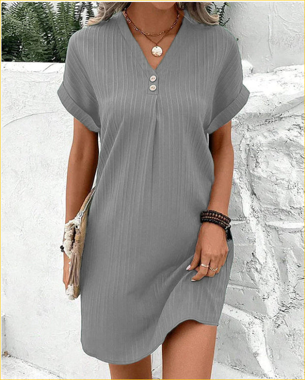 Fashion V-neck Short-sleeved Dress Casual Solid Strip Women dealsniper-net Grey L